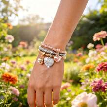 3pcs Metallic Style Women's Bracelet Set With 3 Heart Pendants, Multi-Layer Stackable, Autumn/Winter Accessory, New Year Gift, Valentine's Day Gift - Multicolor - View 3