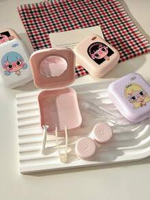 Cute Girl Print Contact Lens Case With Mirror, Portable Lens Storage And Care Set, Compact Design Suitable For Daily Use And Travel - View 7