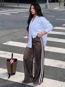 Satin Ombre Straight Leg Pants, Loose Fit Leopard Print Hiphop Style Women's Trousers, For Spring & Autumn Brown - Brown - View 1
