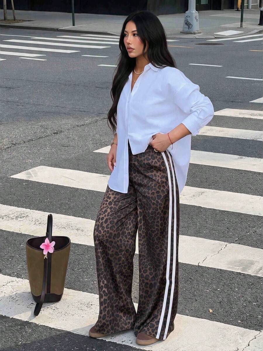 Satin Ombre Straight Leg Pants, Loose Fit Leopard Print Hiphop Style Women's Trousers, For Spring & Autumn Brown - Brown - View 1
