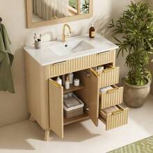 81 Cm Freestanding Bathroom Cabinet With Decorative Wave Design, Warm Natural Wood Tone, 3 Drawers And Double Doors With Shelf – Faucet Not Included - Natural Color - View 12