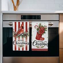 2PCS Kitchen Towels Christmas Red & White Striped Floral Bird Christmas Sock Pattern Printed 40*60cm Minimalist Style Rectangular Microfiber Soft Kitchen Towels, Dish Cloths, Tablecloths, Hand Towels, Christmas Home Decor, Bathroom & Kitchen Decor, Neighbor Housewarming Gift, Perfect For Kitchen & Bathroom Use, Suitable For Housewives And Family Gatherings, Great Value, Home Essential - Red and White - View 6