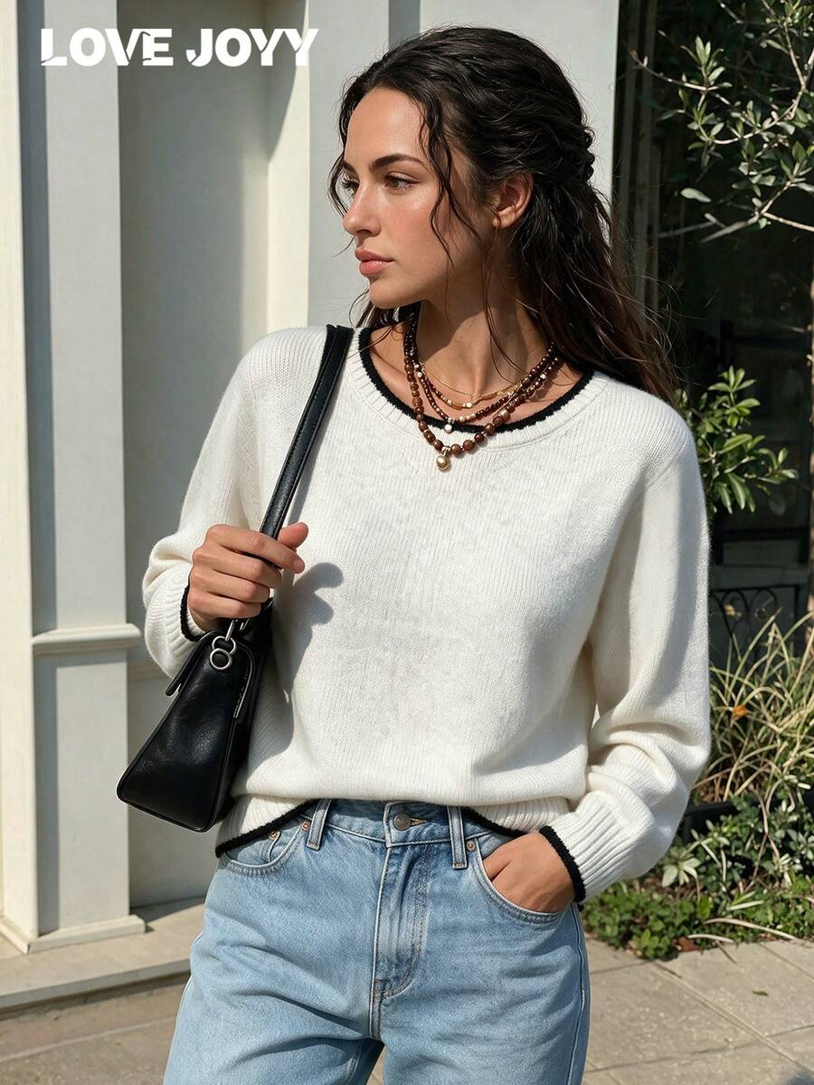 LOVE JOYY Spring/Autumn Minimalist Colorblock Black Trim Crew Neck Long Sleeve Knit Sweater Women, Beige Slim Fit All-Match Versatile Layering Sweater - White - View 1