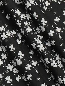 Gaun Wanita Motif Bunga Kecil Musim Gugur Panjang Sedang, Lengan Pendek Mengembang dengan Rok A-Line Berumbai (Sabuk Tidak Termasuk) - Hitam - View 4