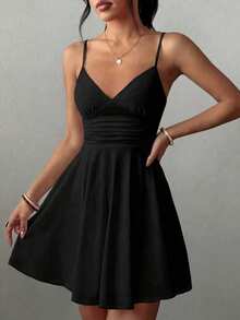 Adjustable Strap Waist Ruffle Hem A-Line Mini Dress, Sexy & Fashionable Versatile Daily Wear, Spring/Summer New Arrival Black Elegant, Date Night - Black - View 5