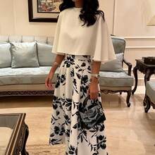 Floral Print Elegant Dress And Solid Color Shawl Top Set - Blue and White - View 5