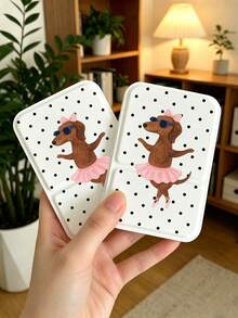 Portable Folding Makeup Mirror, Polka Dot Puppy Dancing Pattern, Travel Mirror, Beauty Products, Desktop Makeup Mirror, Rectangular Desktop Portable Folding Mirror, Elegant Mirror Design, Suitable For Outdoor Use - Multicolor - View 1