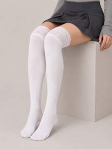2/4 Pairs White Over-Knee Socks With Lace Patchwork – Solid Versatile Style. Great With Skirts, Boots & Casual Looks. - Multicolor - View 6