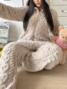 1pc Women's Hooded Fluffy Jumpsuit With Ears, Heart Pattern, Solid Color, Cute, Comfortable, Warm, Suitable For Autumn/Winter, Cozy Outfits - Camel - View 5