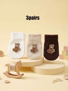 3 Pairs Embroidered Bear Cartoon Knitted Gloves For Boys, Full Finger, Candy Color, Thickened For Autumn/Winter - 3 Pairs - View 13