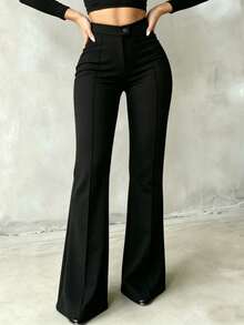 Women's Fashion Button Casual Long Pants For Business Office - Black - View 2