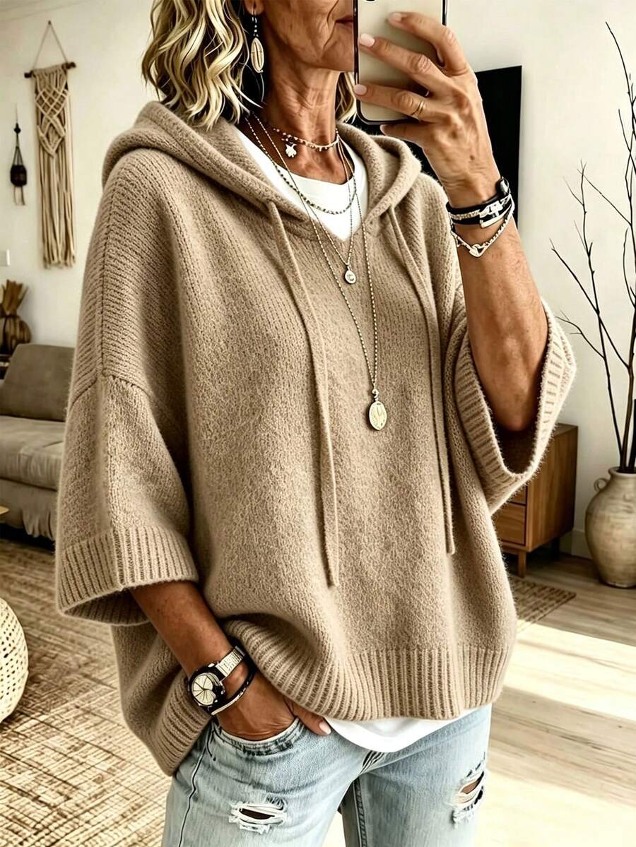 女款素色落肩抽繩連帽寬鬆休閒毛衣 - 卡其色 - 查看 1