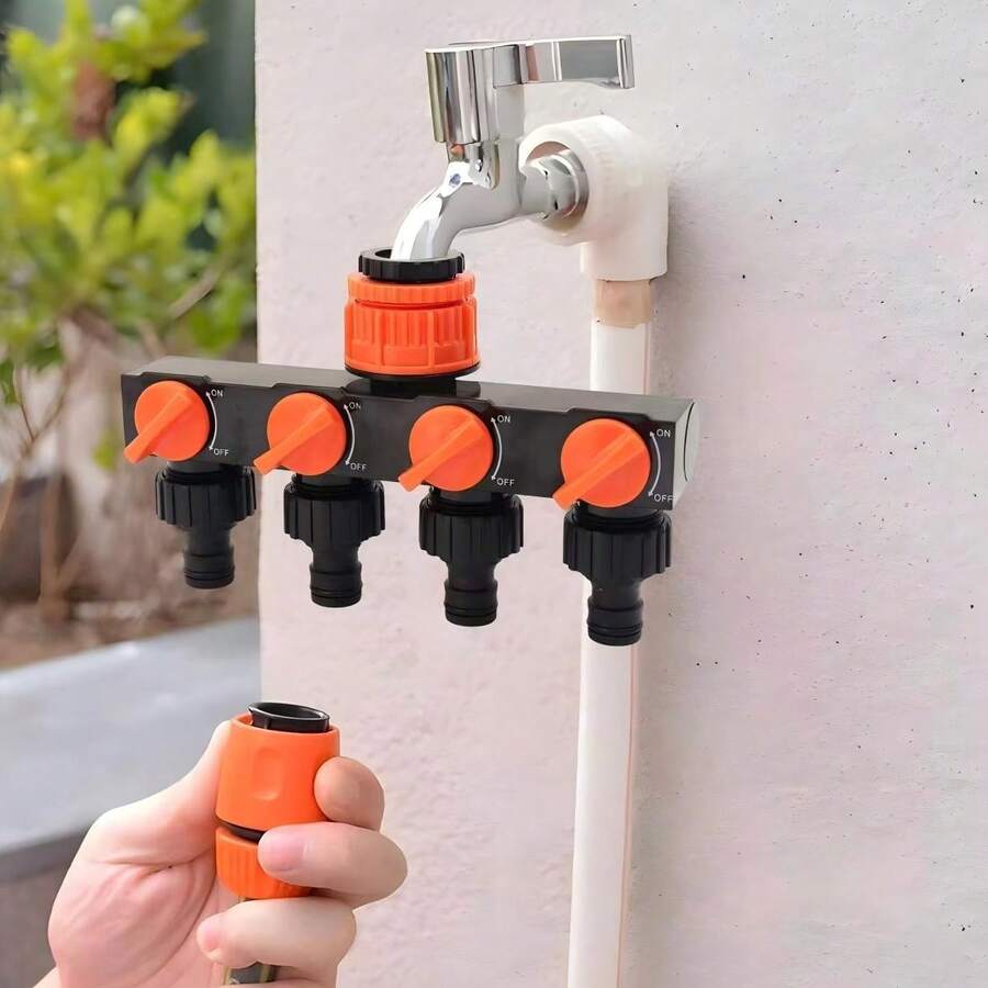 1pc 4-Way Garden Hose Connector Water Distributor With 4 Independent Valves, Leak-Proof Design, Suitable For Outdoor Irrigation Systems, Lawns, Gardens And Car Wash Spraying Systems