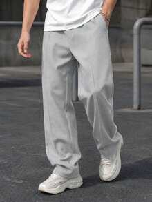 1pc Tween Boys Casual Solid Color Toothpick Pleated Decor Sports Outdoor Waffle Straight Leg Pants, Spring/Autumn - Grey - View 8