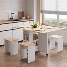 Folding Dining Table Set With Four Chairs, Space Saving Drop Leaf Kitchen Table, Mobile Dining Room Furniture With Storage Shelves, Compact Wood Desk For Small Apartment, Oak And White - Red Oak and White - View 5