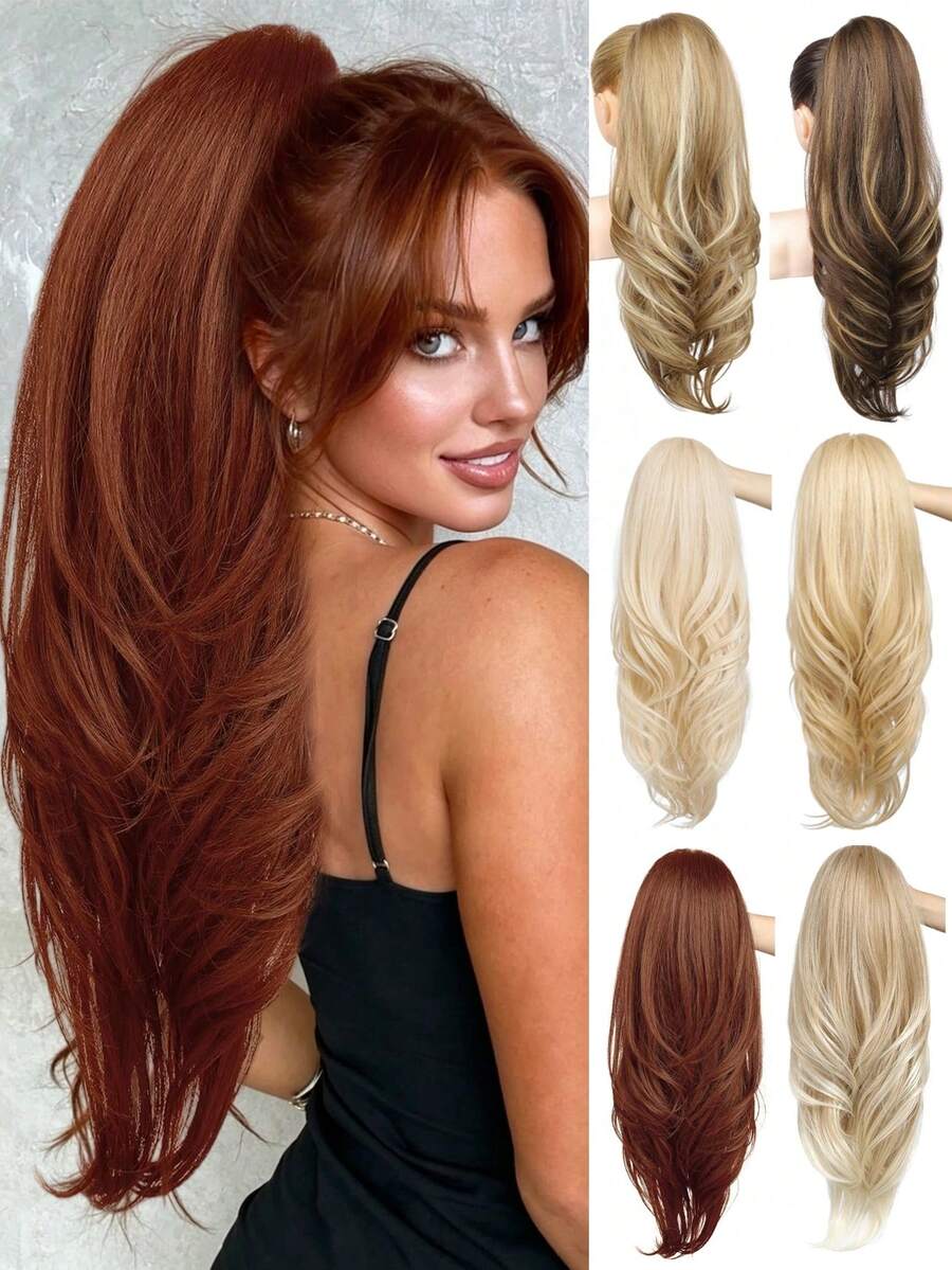 Clip-In Ponytail Extension 24 Inch Long Wavy Multi-Layer Clip-In Ponytail Hair Piece High Ponytail Soft Hair Piece For Women Deep Ginger