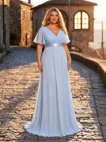 EVERPRETTY Plus Size Elegant V-Neck Ruched Bust Blue Bridesmaid Dress, Wedding Guest Formal Dress For Wedding Dinner, Special Occasion Spring Fall Party - Baby Blue - View 9