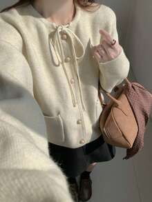 Alicedudu Women's Autumn & Winter Korean Style Tie Bow Thick Loose Knit Cardigan Sweater - Beige - View 2