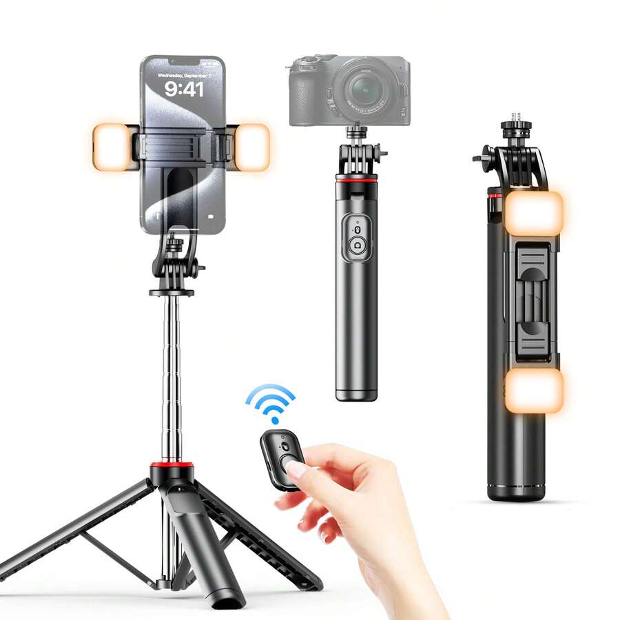 C13d Stainless Steel Multi-Function Selfie Stick With Detachable Fill Light And Wireless Remote, Also Functions As Phone Stand, Suitable For Smartphones, Cameras, Etc., For Selfies, Live Streaming And Travel - View 1