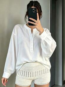 Women's Casual Fashion White Solid Color Sheer Stand Collar Front Button Regular Fit Long Sleeve Shirt, Suitable For Home, Office, Daily Wear, All Seasons - White - View 1