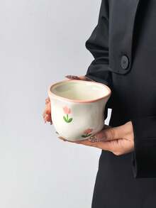 1pc Ins Style Cute Girly Ceramic Coffee Cup, Hand-Pinch Exquisite Asymmetrical Ceramic Mug, Hand-Painted Small Flower & Bow & Heart Pattern Tea Cup, Minimalist Aesthetic Espresso Cup, Beautiful Birthday Gift - Multicolor - View 14