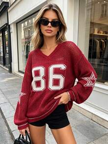 Women's Summer Oversized Loose Sweatshirt, Casual Numeric Print Elegant Lightweight Hollow-Out Knit Top Spring - Burgundy - View 10