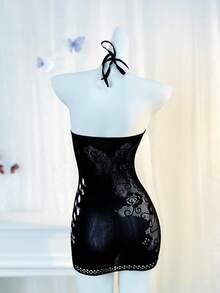 1 pieza Lencería sexy de mujer con cobertura de red, body corto ajustado transparente 2 en 1 con diseño calado para festival de música, ropa interior no incluida - Negro - Ver 2