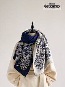 1pc Faux Cashmere Elegant Design Floral Pattern Jacquard Warm Scarf For Women, Air Conditioning Room Blanket, Autumn/Winter Outdoor Travel Cold Protection Neck Warmer, Soft Decorative Scarf Shawl Dual-Use, Suitable For Daily Matching, First Choice For Gifts - Navy Blue - View 1