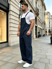 Men's Raw Denim Dungarees Contrast Stitch Straight Leg Overalls - Navy Blue - View 7