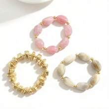 Juego de 3 pulseras gruesas de cuentas para mujer, cuentas texturizadas rosa y blanco con cuentas doradas asimétricas, joyería de mano personalizada de varias capas y estilo moderno, adecuada para uso diario, fiestas, vacaciones y regalos - Rosa - Ver 6