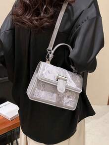 Classic All-Over Pattern Women's Small Square Handbag - Grey - View 3