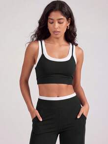 VUTRU 1pc Women's 2in1 Contrast Color Sports Bra With Padding Tank Top For Fitness Yoga - Black and White - View 5