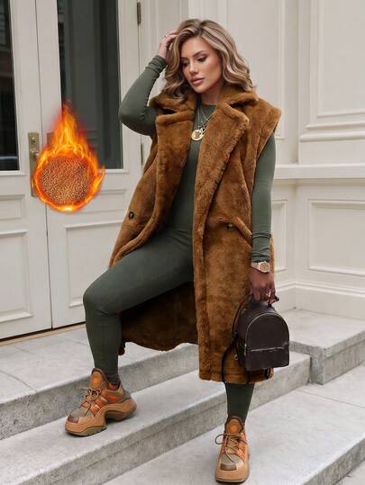 Women's Casual Turndown Collar Double Button Pocket Coffee Brown Fuzzy Jacket Elegant Fall