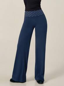 TimeOff 1pc Women's Polka Dot Print Wide Leg Sporty Long Pants With Folded Waistband - Navy Blue - View 7