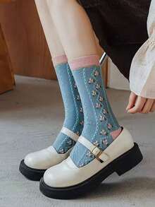 3/6/12 Pairs Random Style Women's Mid-Calf Socks, Vintage Morandi Embossed Jacquard Socks, Soft Comfortable Casual, Autumn/Winter Christmas Gift Socks - Multicolor - View 5