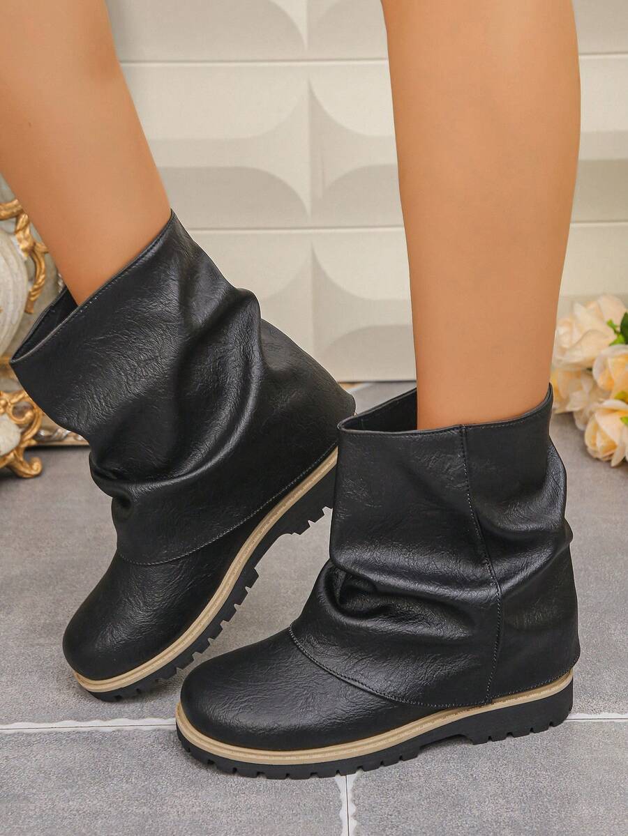 Sepatu Boot Wanita Mid-Calf Sol Tebal Nyaman Serbaguna Musim Gugur/Dingin Ukuran Besar Gaya Minimalis Modis - Hitam - View 1