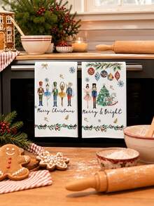 2pcs Christmas Nutcracker Ballet Girl Pattern Kitchen Towels, Dishcloths And Face Cloths, Christmas Tree And Snowball Print, Absorbent Cleaning And Drying Cloth, Holiday Kitchen And Dining Table Decor, Suitable For Kitchen, Dining Room And Bathroom - Green - View 5