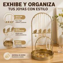 Gold Iron Jewelry Organizer With Leaf Design And Double Arch, Stand For Necklaces, Earrings And Bracelets With Round Base Tray For Rings, 15.5x30cm - Dorado - View 6