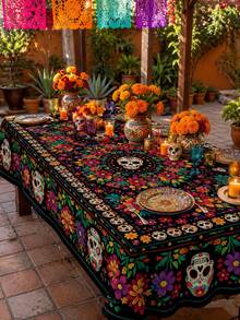 1PC Day Of The Dead Round Table Cloth, Colorful Sugar Skull Floral Print Polyester Tablecloth, Mexican Style Dining Table Cover For Kitchen, Dining Room, Day Of The Dead Party, Halloween, Holiday Gathering And Indoor Outdoor Home Decor - Multicolor - View 9