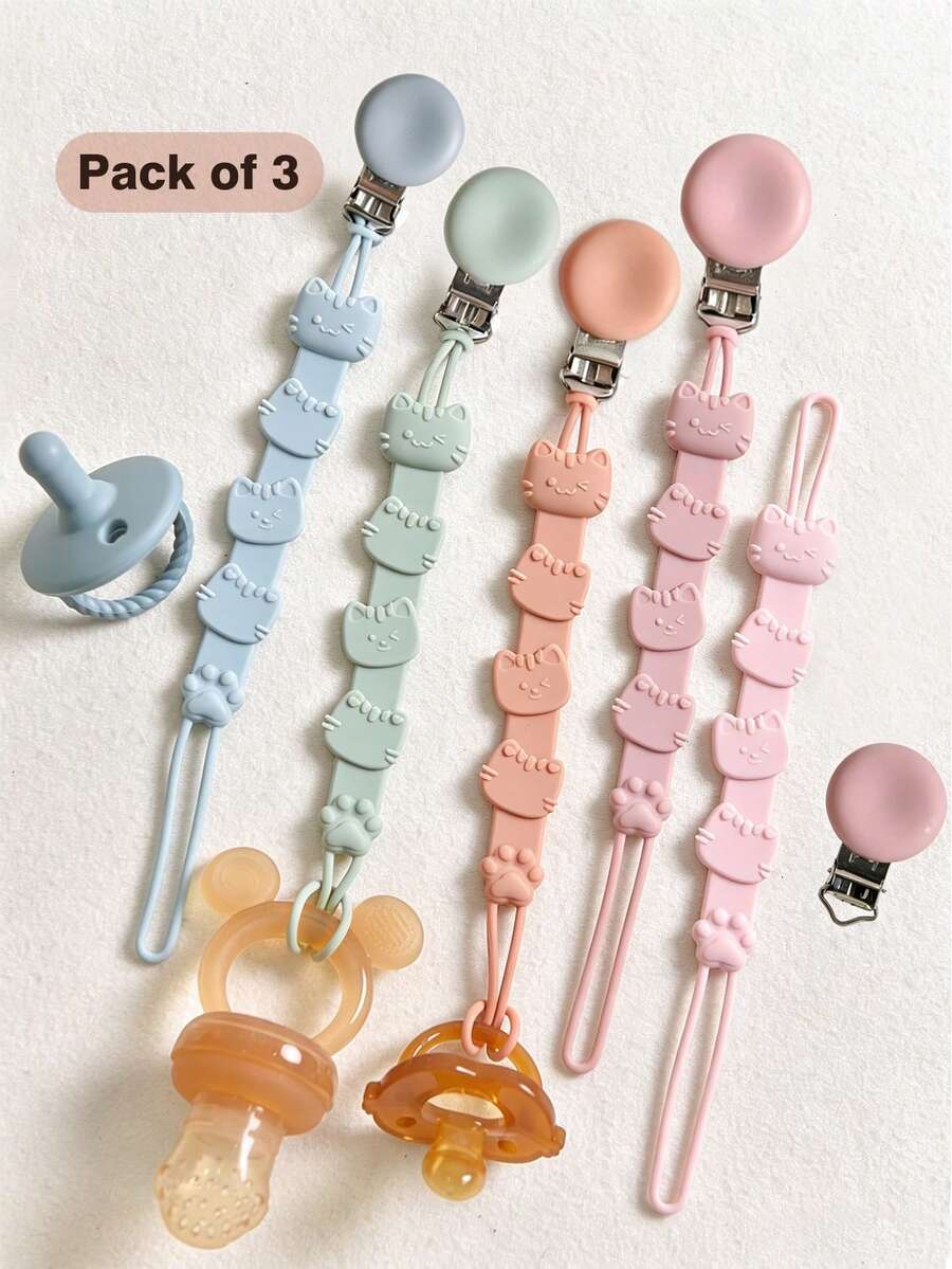 1/2pcs Baby Cat Anti-Loss Lanyard, Suitable For Baby Bottles, Pacifiers, Teethers, Toys, Silicone Anti-Drop Chain With Clip, Portable Cute Cat Silicone Clip Anti-Drop Chain - Multicolor - View 1