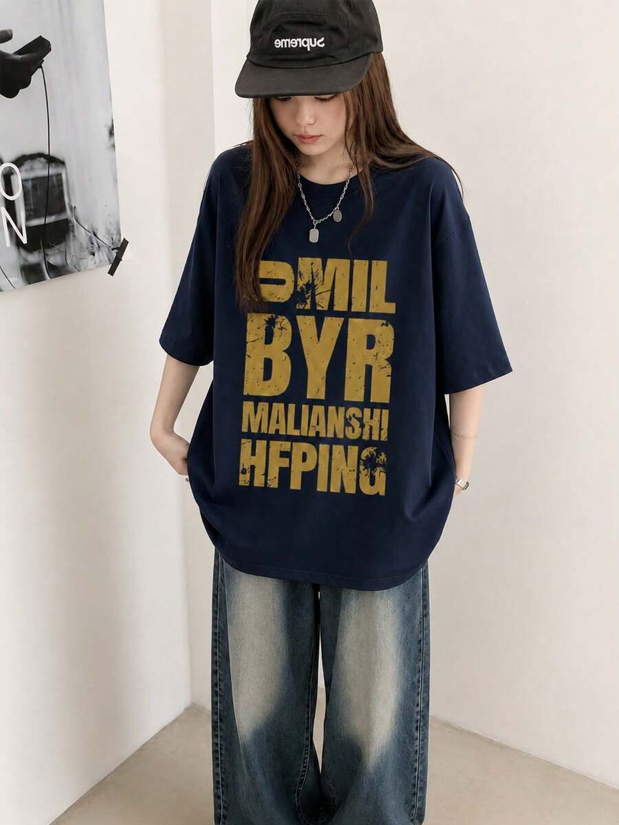 Japanese Style Women Loose Casual Round Neck Cartoon Letter Print Short Sleeve T-Shirt, Versatile For Spring/Summer - Dark Blue - View 1