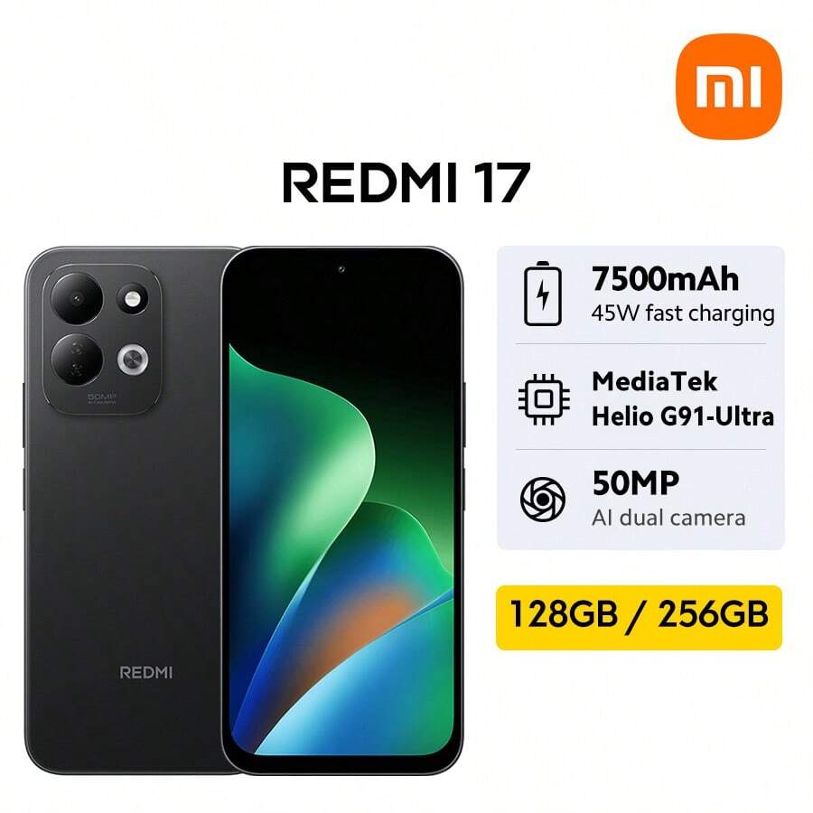 Xiaomi REDMI 17 全球版智慧型手機 NFC 7500mAh (Typ) 大容量電池 45W 快速充電 最高 22.5W 有線反向充電 6.9 吋沉浸式螢幕 動態 RGB 燈效 強大 MediaTek Helio G91-Ultra 50MP AI 雙鏡頭相機系統 - 黑色 - 查看 1