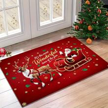 1PC Welcome Doormat With Santa Claus And Reindeer Pulling Sleigh Pattern And "It's The Most Wonderful Time Of The Year" Text | Suitable For Room Decor, Floor Mat, Bedroom Carpet, Kitchen Mat, Home Decor, Entryway Mat And Bathroom Mat. Christmas Home Decor, Perfect Christmas Gift, Suitable For Winter Use - A - View 3