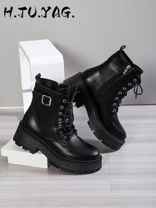 Autumn/Winter Comfortable Lace-Up Chunky Heel Ankle Boots, Black & White,Boots For Women - Black - View 3