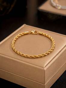1 Pc 18K Gold Plated Stainless Steel Rope Chain Bracelet, Classic Twist Chain For Men Women, Daily Wear Unisex Jewelry - Gold - View 4