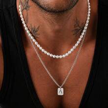 2pcs/Set New Rectangular Letter Pendant Stainless Steel Chain With Faux Pearl Beads Layered Necklace For Men - Silver - View 1