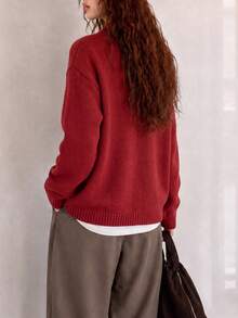 Women's Autumn/Winter Minimalist Letter Embroidered Knit Cardigan Jacket - Red - View 2