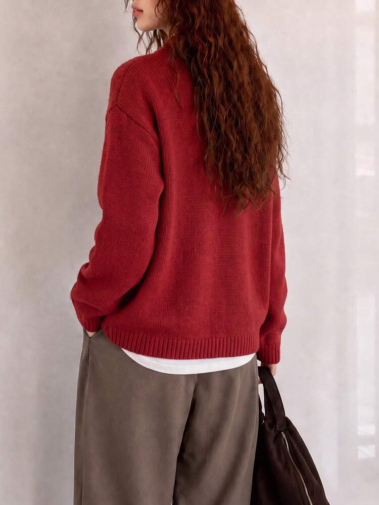 女款秋冬極簡字母刺繡針織開襟外套 - 紅色 - 查看 2