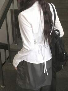 Korean Style Slim Fit Flattering Collar Waist-Cinching Versatile Short Sleeve Shirt - White - View 6
