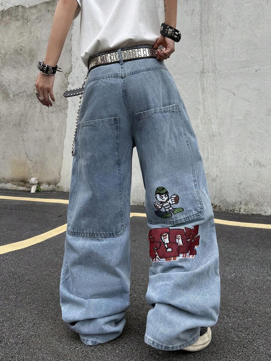 Hearty Haven 1pc American Street Style Embroidered Men's Wide Leg Jeans With Large Pockets, Comfortable Loose Fit, Draped Wash, All Season Long Pants - No Belt And Accessories - Blue - View 1